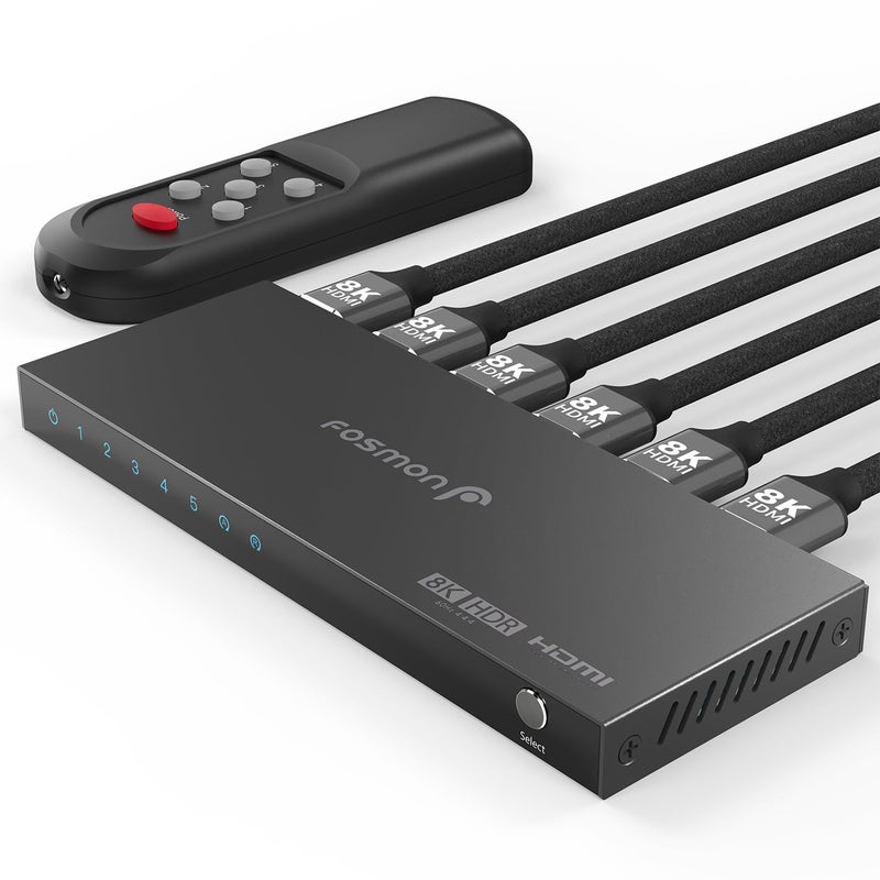 Fosmon 5-Port HDMI 8K Switch with Remote, Support 8K@60Hz 4K@120Hz HDR10+ HDCP 2.3 High Speed 48Gbps 5 in 1 Out Auto-Switching 5x1 HDMI 2.1 Switcher Splitter Hub Compatible with PS5, Xbox X, Apple TV - Image 1